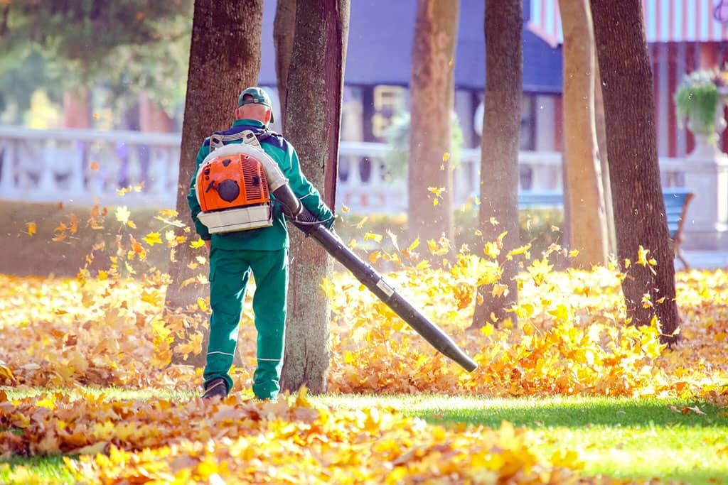 A-landscape-worker-in-green-overalls-operates-a-leaf-blower-to-remove-fallen-leaves-in-a-park.-Sunlight-filters-through-the-trees-creating-a-vibrant-atmosphere-with-swirling-leaves-2048x1365